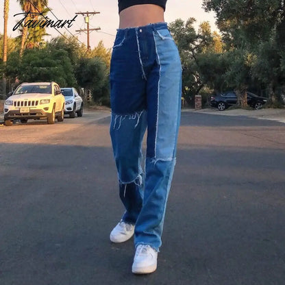 Color Block Mom Jeans Women 90s Denim Blue Frayed Hem High Waist Straight-leg Panel Jean e-Girl Y2K Aesthetic Clothes