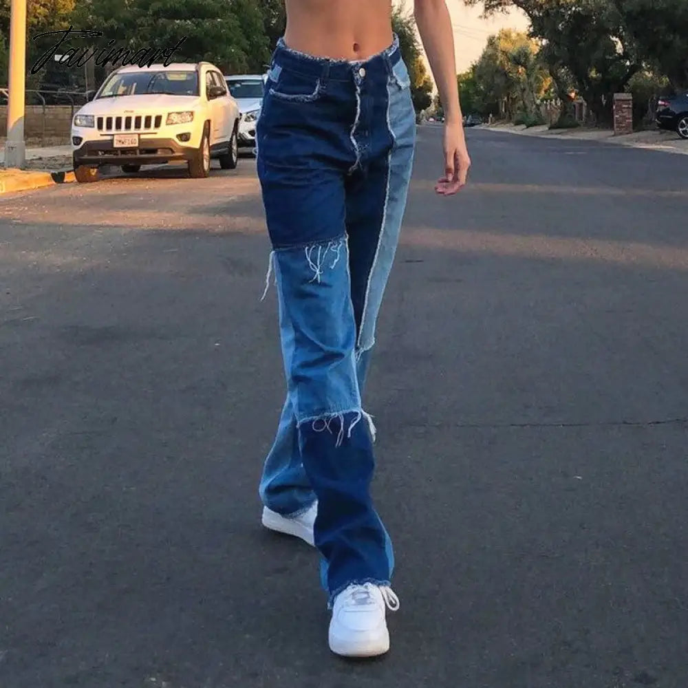 Color Block Mom Jeans Women 90s Denim Blue Frayed Hem High Waist Straight-leg Panel Jean e-Girl Y2K Aesthetic Clothes