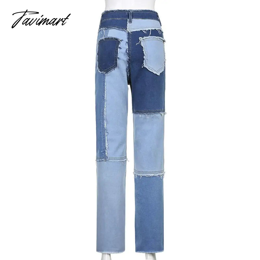 Color Block Mom Jeans Women 90s Denim Blue Frayed Hem High Waist Straight-leg Panel Jean e-Girl Y2K Aesthetic Clothes