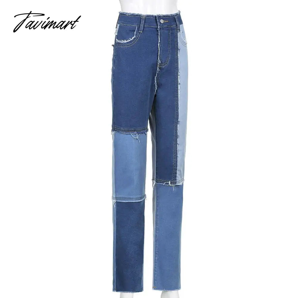 Color Block Mom Jeans Women 90s Denim Blue Frayed Hem High Waist Straight-leg Panel Jean e-Girl Y2K Aesthetic Clothes