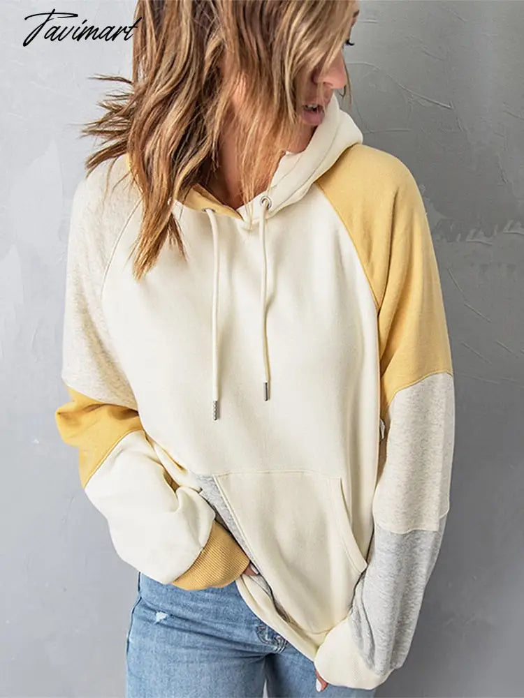 Contrast Color Long Sleeved Hooded Sweater Women Casual Long Sleeve Pocket Tops Newfemale Insert Pockets Bottom Coat