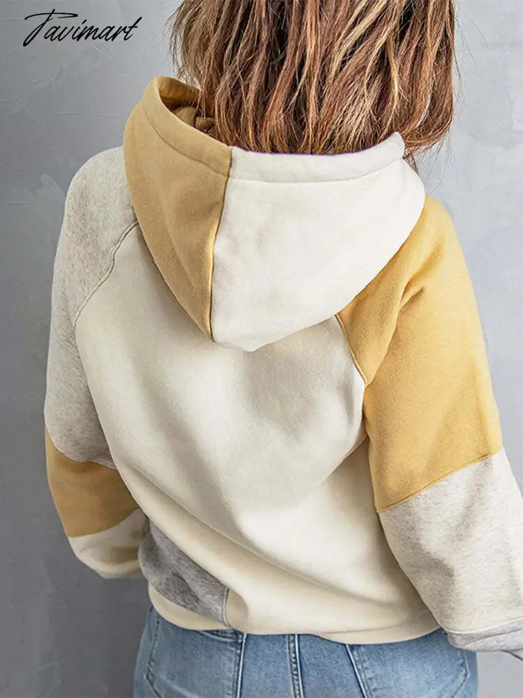 Contrast Color Long Sleeved Hooded Sweater Women Casual Long Sleeve Pocket Tops Newfemale Insert Pockets Bottom Coat