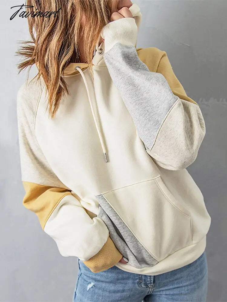 Contrast Color Long Sleeved Hooded Sweater Women Casual Long Sleeve Pocket Tops Newfemale Insert Pockets Bottom Coat