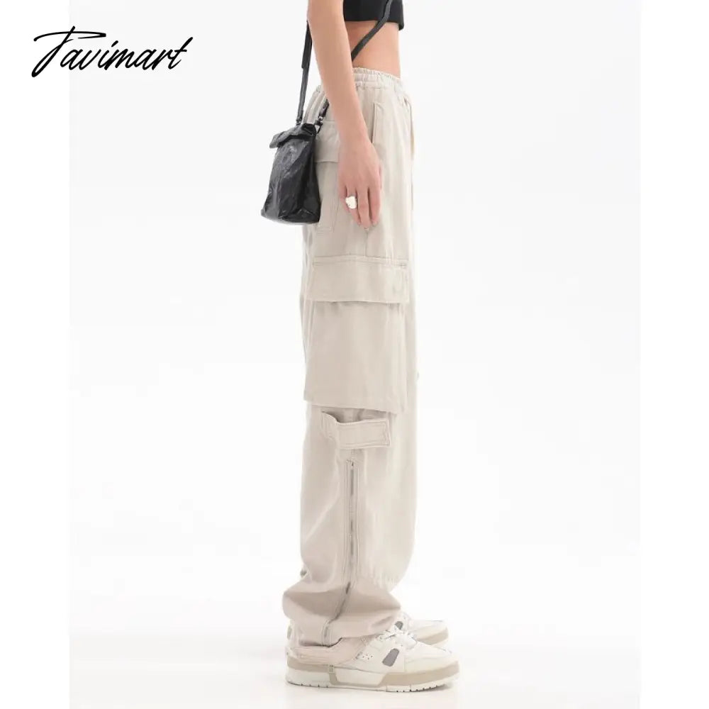 Cotton American Street Straight Cargo Pants Men Hip Hop Casual Wide Leg Trousers Women Full Length Solid Safari Style Pockets