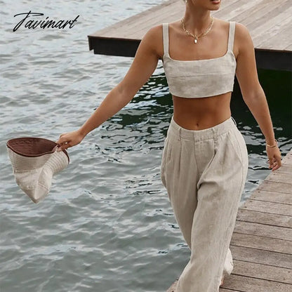 Cotton Elegant Two Piece Sets Womens Outifits Back Elastic Sleeveless Tops And Long Trousers Suit Summer Tracksuit