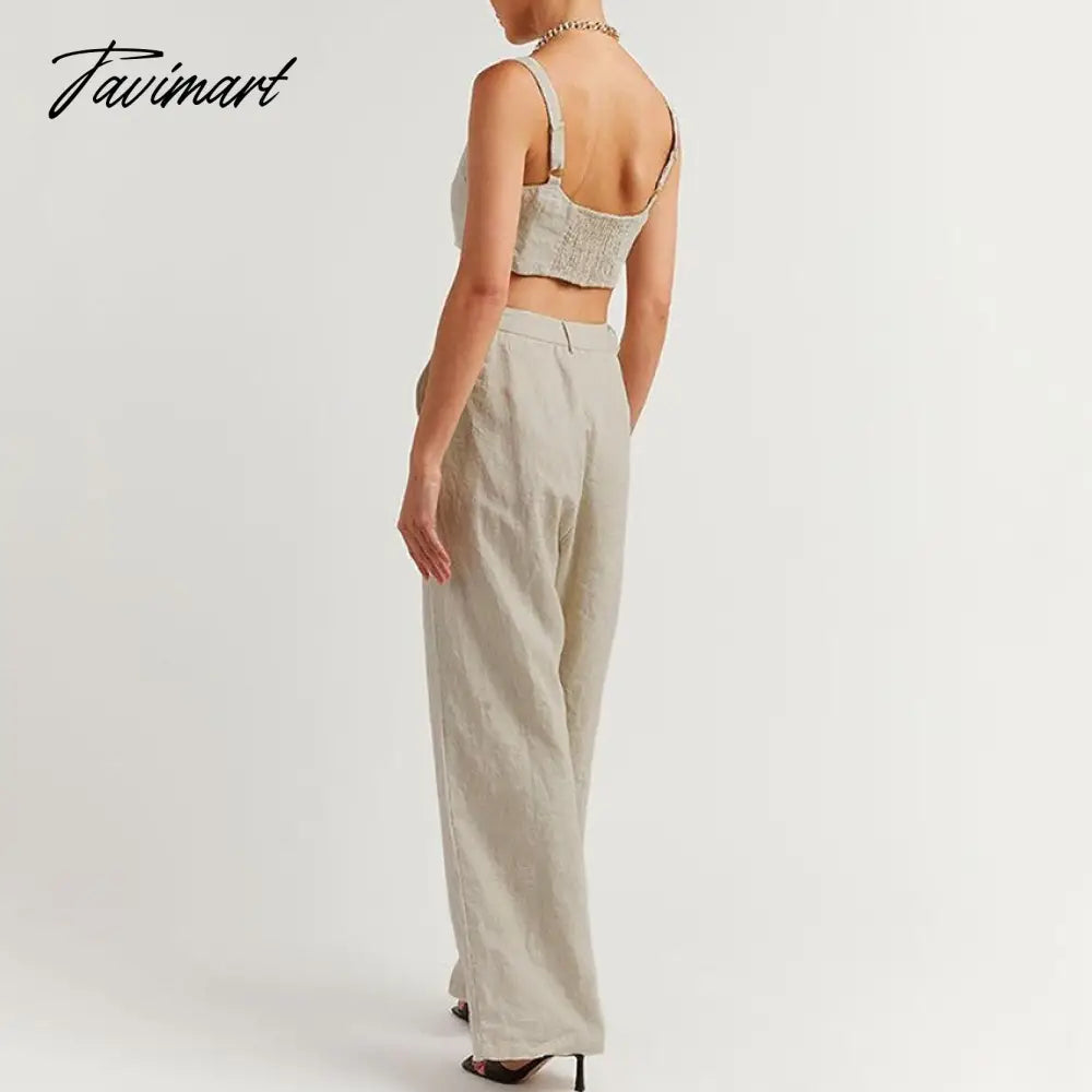Cotton Elegant Two Piece Sets Womens Outifits Back Elastic Sleeveless Tops And Long Trousers Suit Summer Tracksuit