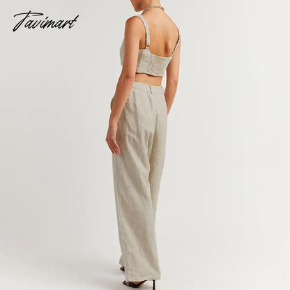 Cotton Elegant Two Piece Sets Womens Outifits Back Elastic Sleeveless Tops And Long Trousers Suit Summer Tracksuit