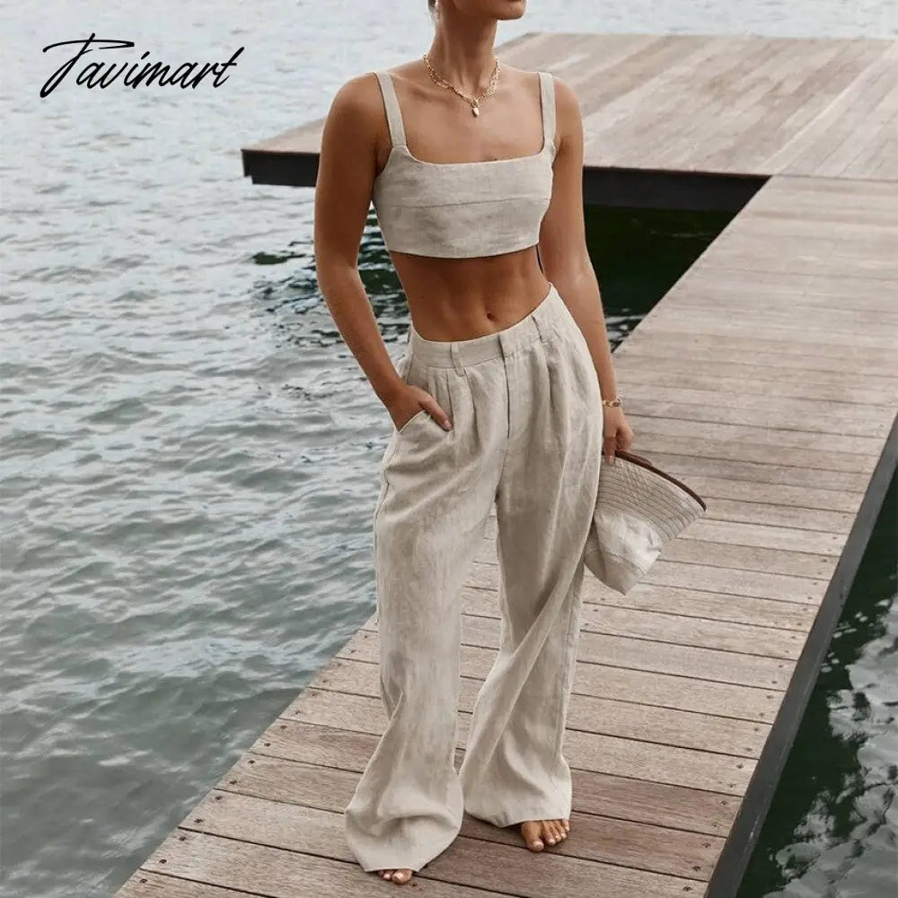 Cotton Elegant Two Piece Sets Womens Outifits Back Elastic Sleeveless Tops And Long Trousers Suit Summer Tracksuit
