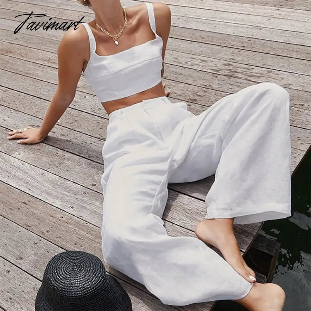 Cotton Elegant Two Piece Sets Womens Outifits Back Elastic Sleeveless Tops And Long Trousers Suit Summer Tracksuit