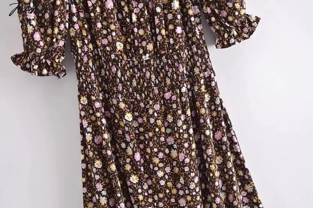 Cotton Floral Print Casual Dress Women Indie Folk Slash Neck Sexy Midi Dress