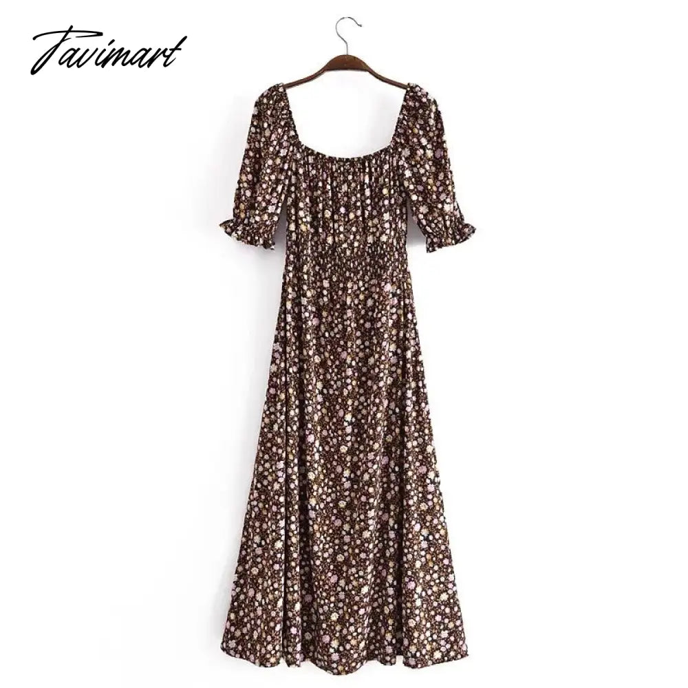 Cotton Floral Print Casual Dress Women Indie Folk Slash Neck Sexy Midi Dress