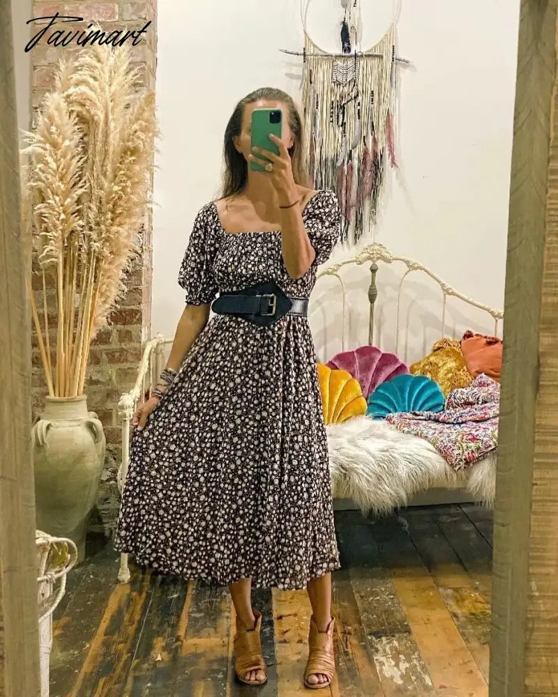 Cotton Floral Print Casual Dress Women Indie Folk Slash Neck Sexy Midi Dress