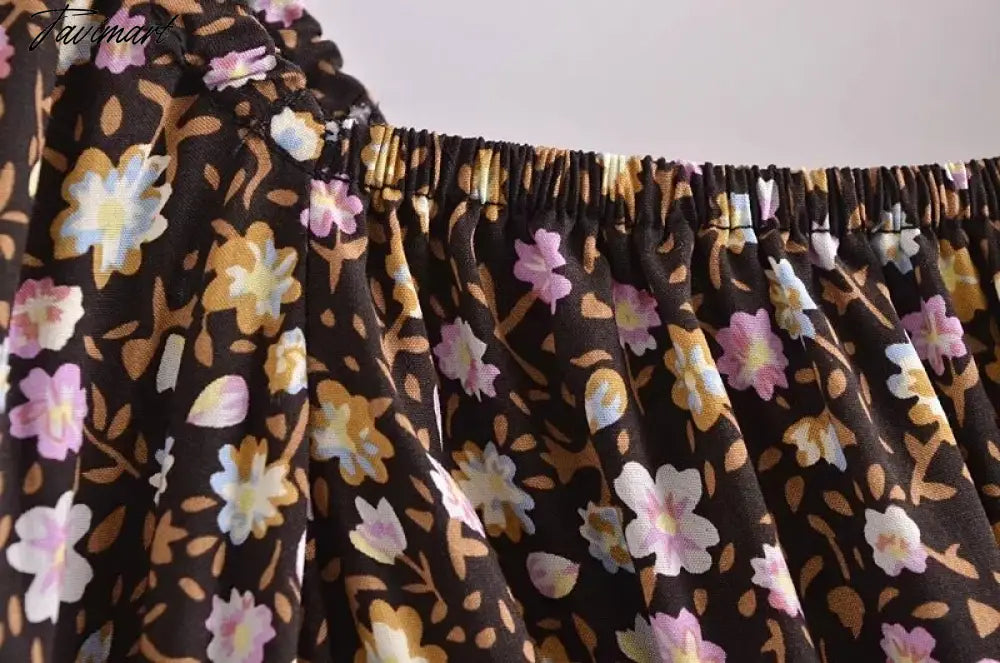 Cotton Floral Print Casual Dress Women Indie Folk Slash Neck Sexy Midi Dress