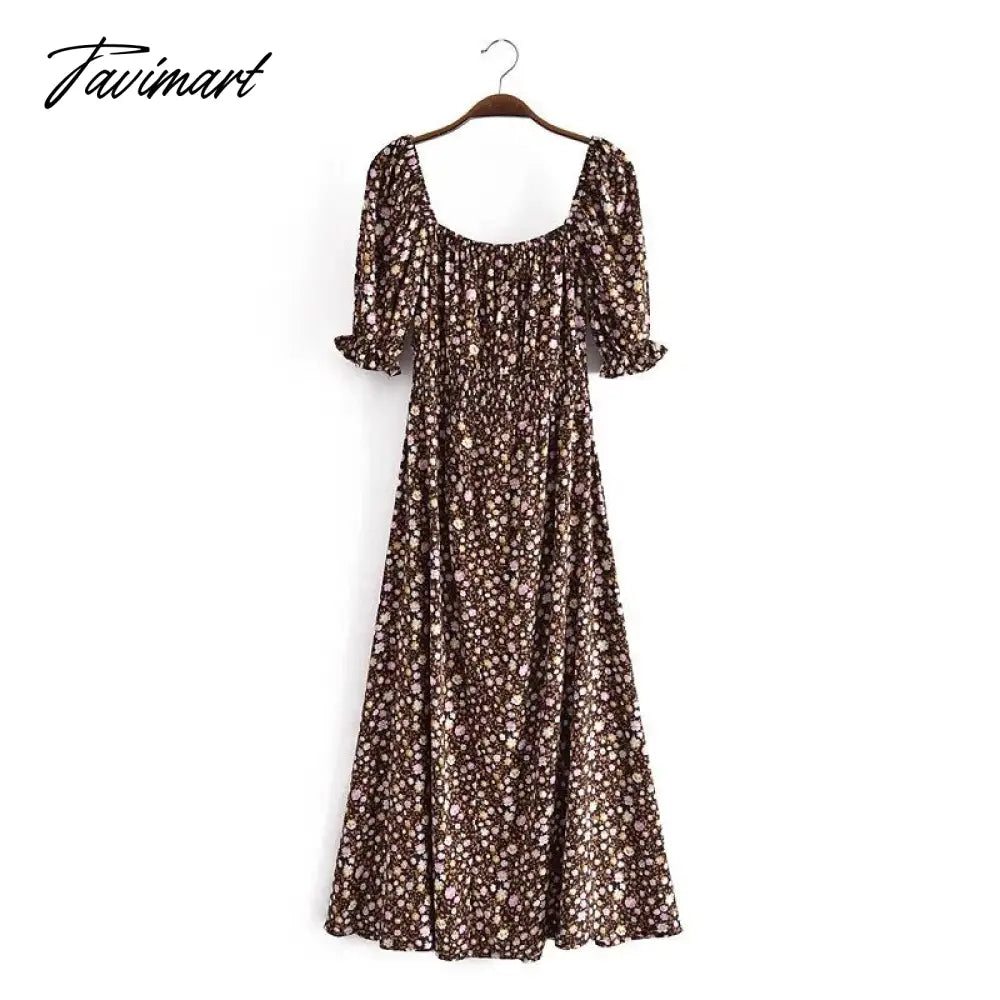 Cotton Floral Print Casual Dress Women Indie Folk Slash Neck Sexy Midi Dress