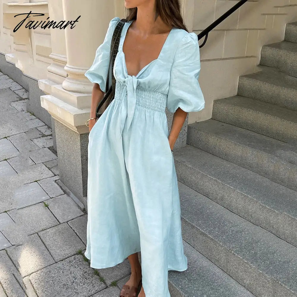 Cotton Linen Women'S Summer Dress French Style Sweet Puff Sleeve Elegant Party Dress For Women Long Maxi Sundress Robe