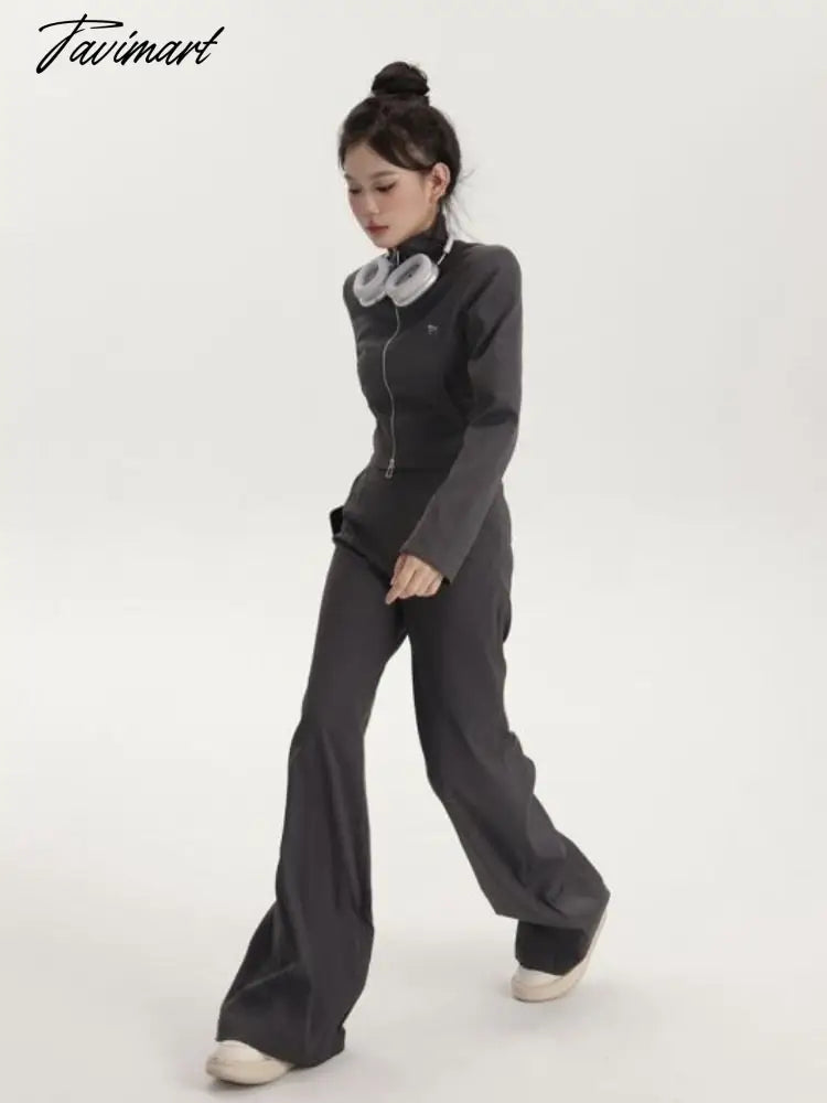 Cropped Slim Jacket+Wide Leg Long Trousers Pants Women Casual Two Pieces Sets Korean Autumn Y2k 2 Piece Outfit Conjunto Femenino