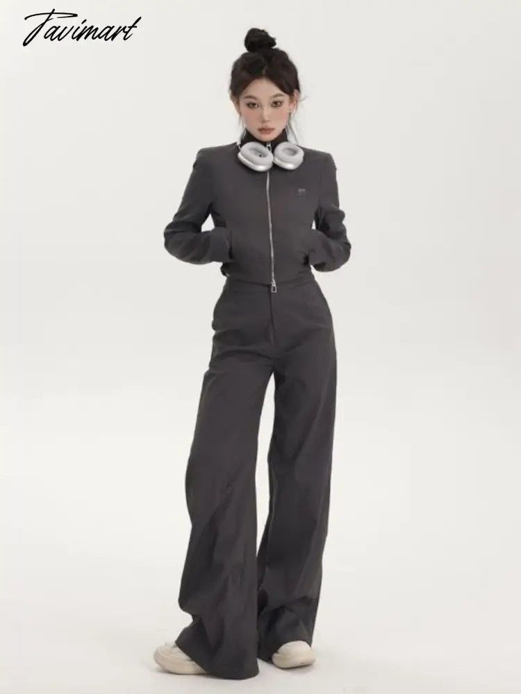 Cropped Slim Jacket+Wide Leg Long Trousers Pants Women Casual Two Pieces Sets Korean Autumn Y2k 2 Piece Outfit Conjunto Femenino