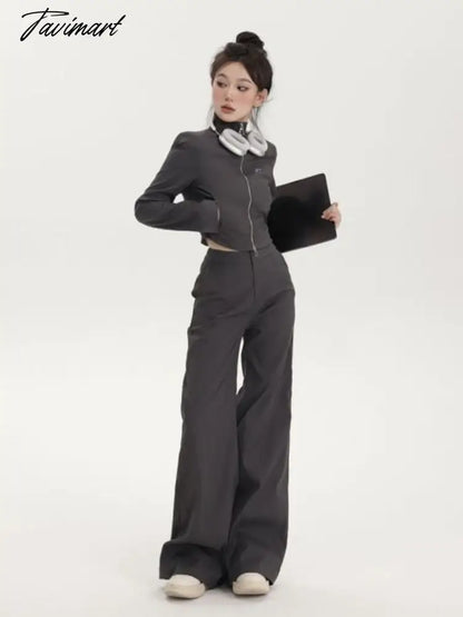Cropped Slim Jacket+Wide Leg Long Trousers Pants Women Casual Two Pieces Sets Korean Autumn Y2k 2 Piece Outfit Conjunto Femenino