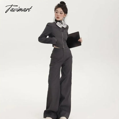 Cropped Slim Jacket+Wide Leg Long Trousers Pants Women Casual Two Pieces Sets Korean Autumn Y2k 2 Piece Outfit Conjunto Femenino
