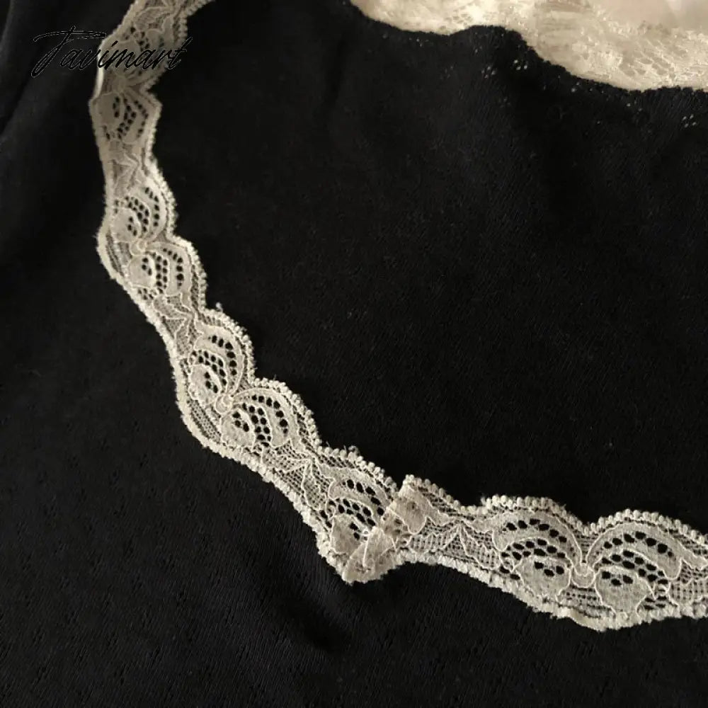 Cute Girl Cropped Tops Vintage White Lace Trim T Shirt Summer Short Sleeve Black Milkmaid Tees Korean Y2K Chic Women