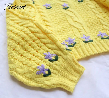 Cute Lemon Yellow Cropped Sweaters Woman Boxy Sweater Lantern Sleeve Cropped Knitted O-Neck Pullover Tops Street Wear Autumn