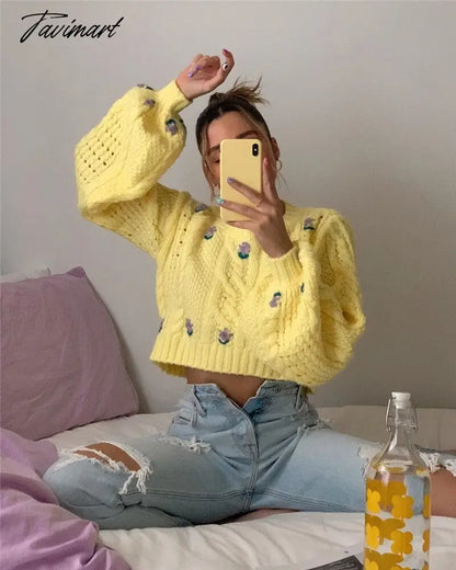 Cute Lemon Yellow Cropped Sweaters Woman Boxy Sweater Lantern Sleeve Cropped Knitted O-Neck Pullover Tops Street Wear Autumn