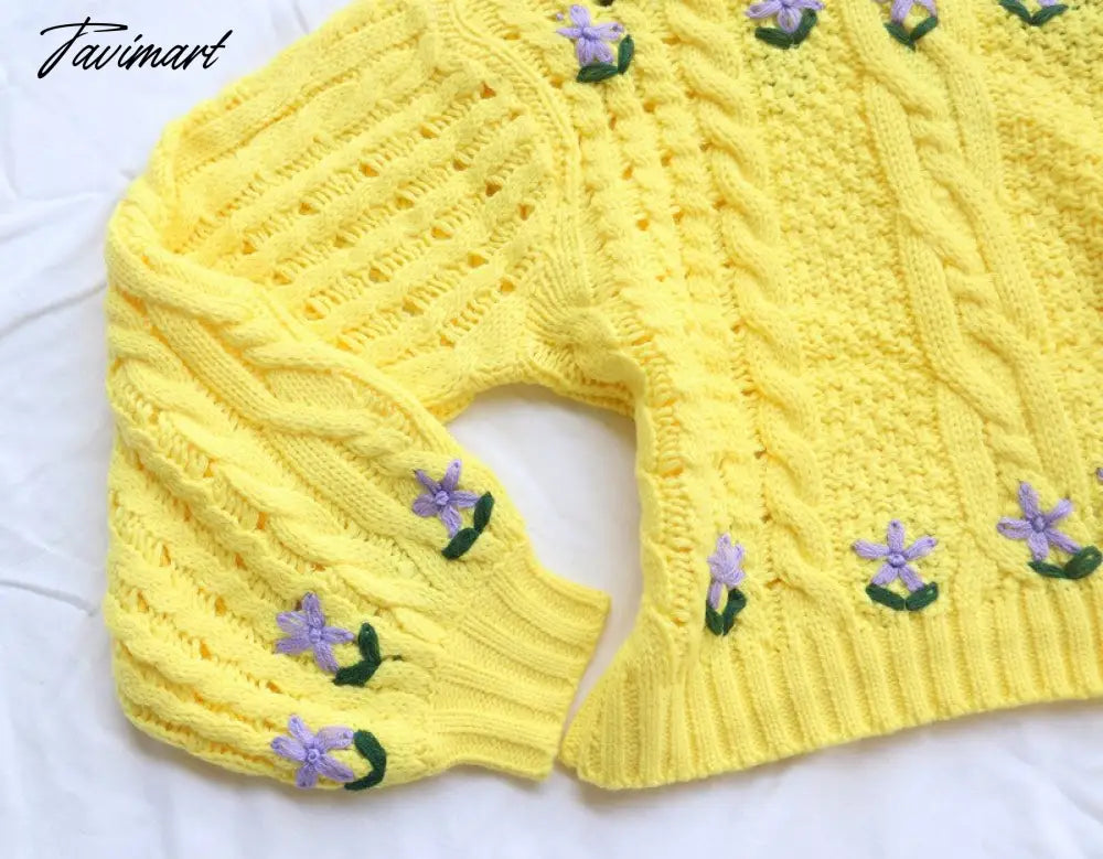 Cute Lemon Yellow Cropped Sweaters Woman Boxy Sweater Lantern Sleeve Cropped Knitted O-Neck Pullover Tops Street Wear Autumn