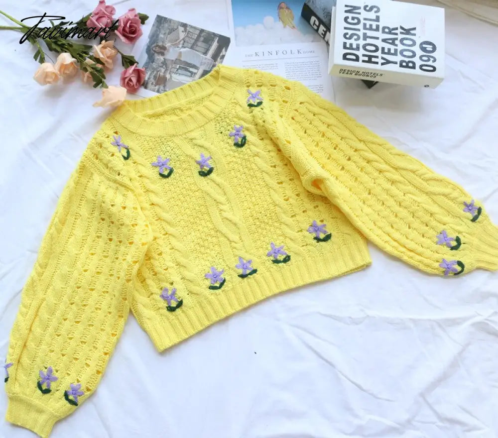 Cute Lemon Yellow Cropped Sweaters Woman Boxy Sweater Lantern Sleeve Cropped Knitted O-Neck Pullover Tops Street Wear Autumn