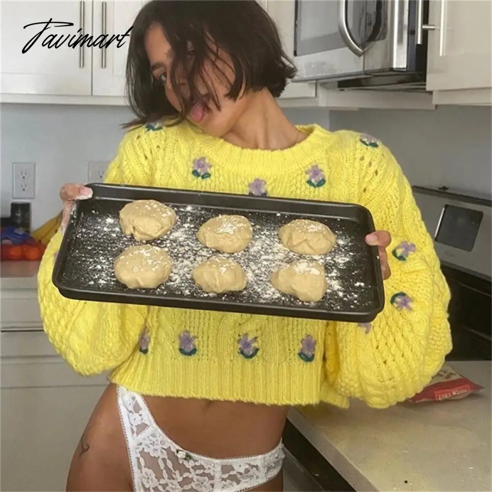 Cute Lemon Yellow Cropped Sweaters Woman Boxy Sweater Lantern Sleeve Cropped Knitted O-Neck Pullover Tops Street Wear Autumn