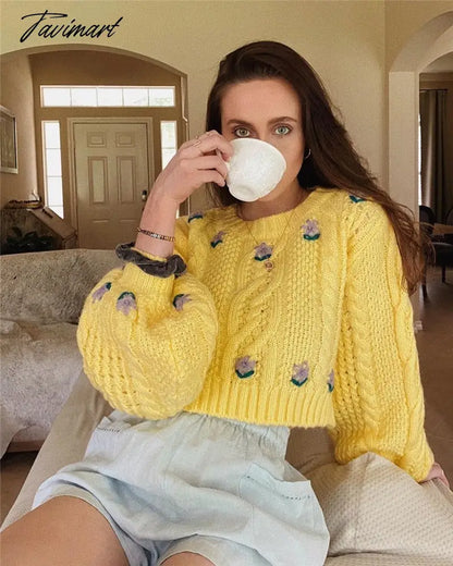 Cute Lemon Yellow Cropped Sweaters Woman Boxy Sweater Lantern Sleeve Cropped Knitted O-Neck Pullover Tops Street Wear Autumn