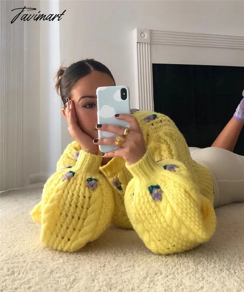 Cute Lemon Yellow Cropped Sweaters Woman Boxy Sweater Lantern Sleeve Cropped Knitted O-Neck Pullover Tops Street Wear Autumn