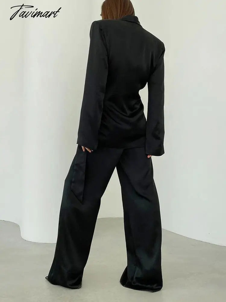 Deep V-neck Long Sleeve Bandage Blouse And Wide Leg Pants Set Ladies Casual Loose Sets Spring Chic Elegant Outwears