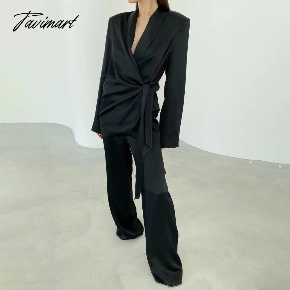 Deep V-neck Long Sleeve Bandage Blouse And Wide Leg Pants Set Ladies Casual Loose Sets Spring Chic Elegant Outwears
