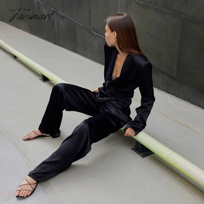 Deep V-neck Long Sleeve Bandage Blouse And Wide Leg Pants Set Ladies Casual Loose Sets Spring Chic Elegant Outwears
