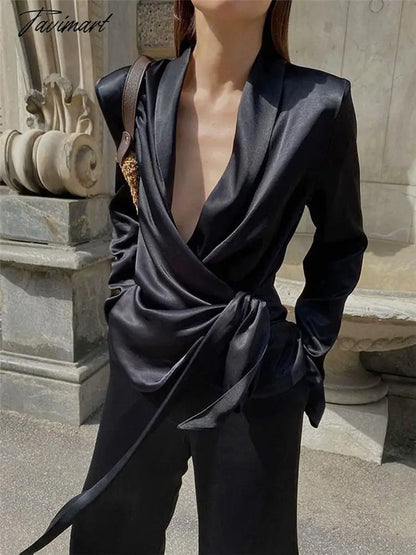 Deep V-neck Long Sleeve Bandage Blouse And Wide Leg Pants Set Ladies Casual Loose Sets Spring Chic Elegant Outwears