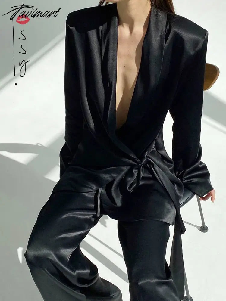 Deep V-neck Long Sleeve Bandage Blouse And Wide Leg Pants Set Ladies Casual Loose Sets Spring Chic Elegant Outwears