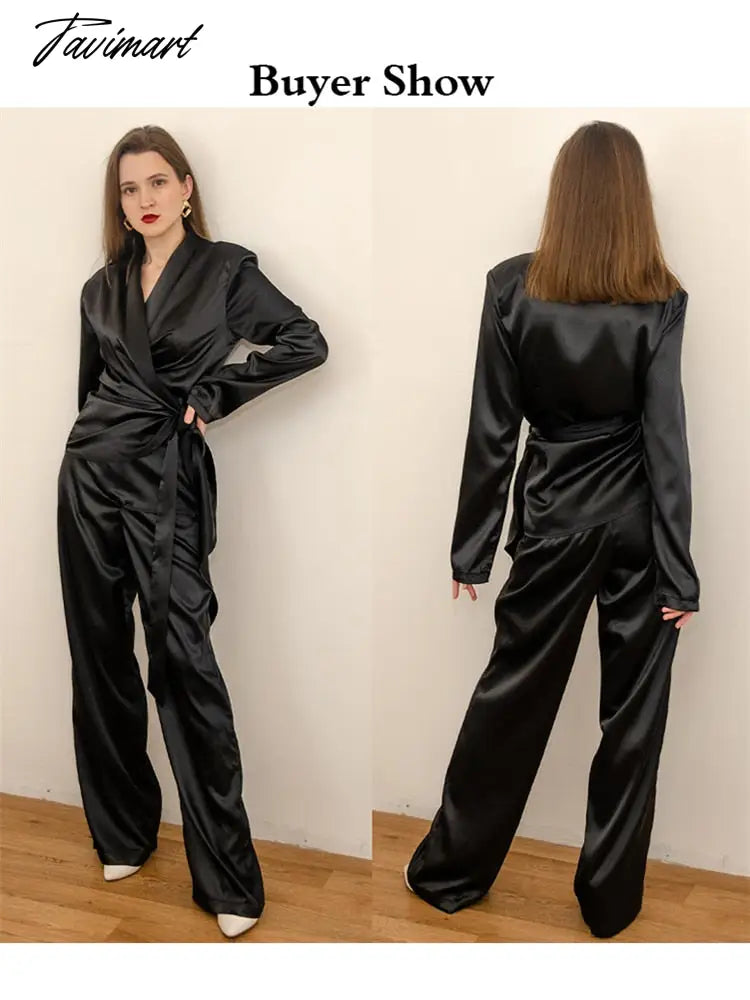 Deep V-neck Long Sleeve Bandage Blouse And Wide Leg Pants Set Ladies Casual Loose Sets Spring Chic Elegant Outwears