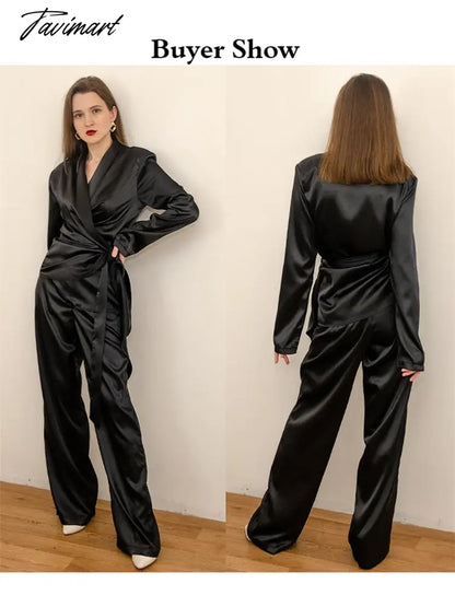 Deep V-neck Long Sleeve Bandage Blouse And Wide Leg Pants Set Ladies Casual Loose Sets Spring Chic Elegant Outwears