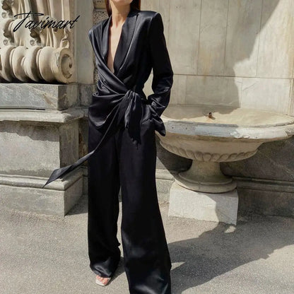 Deep V-neck Long Sleeve Bandage Blouse And Wide Leg Pants Set Ladies Casual Loose Sets Spring Chic Elegant Outwears