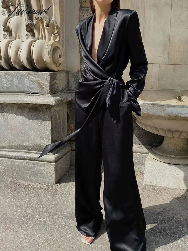 Deep V-neck Long Sleeve Bandage Blouse And Wide Leg Pants Set Ladies Casual Loose Sets Spring Chic Elegant Outwears