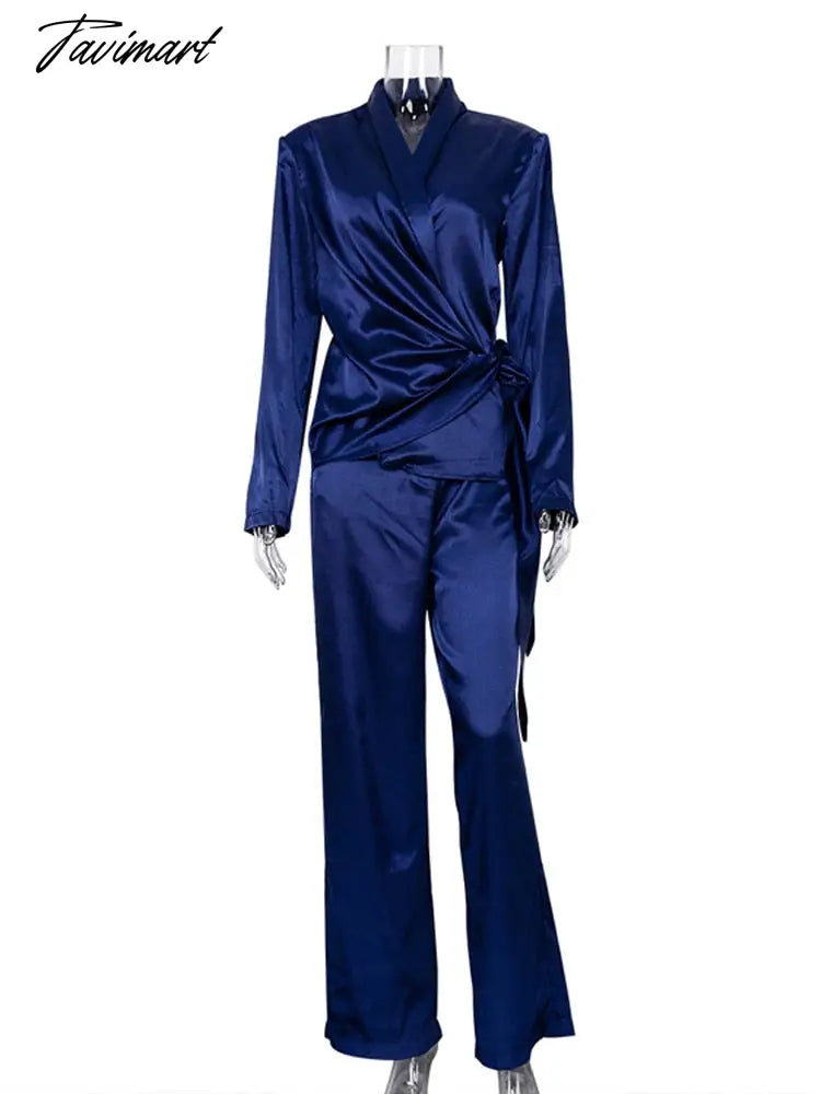 Deep V-neck Long Sleeve Bandage Blouse And Wide Leg Pants Set Ladies Casual Loose Sets Spring Chic Elegant Outwears