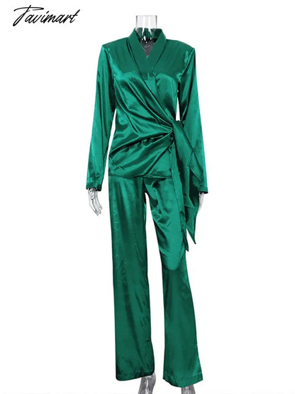 Deep V-neck Long Sleeve Bandage Blouse And Wide Leg Pants Set Ladies Casual Loose Sets Spring Chic Elegant Outwears