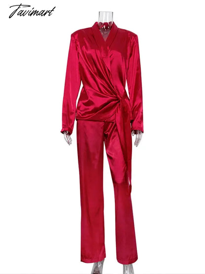 Deep V-neck Long Sleeve Bandage Blouse And Wide Leg Pants Set Ladies Casual Loose Sets Spring Chic Elegant Outwears