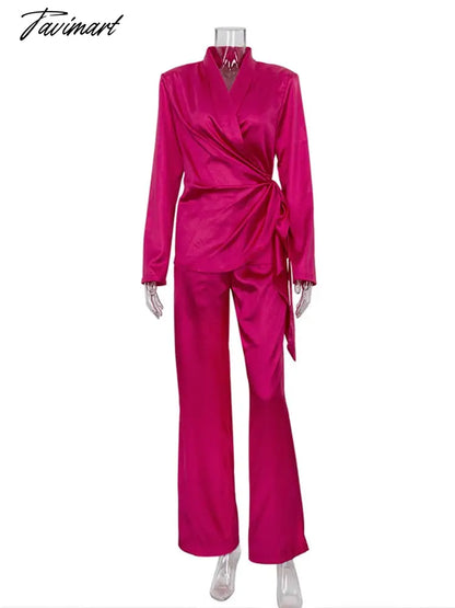 Deep V-neck Long Sleeve Bandage Blouse And Wide Leg Pants Set Ladies Casual Loose Sets Spring Chic Elegant Outwears