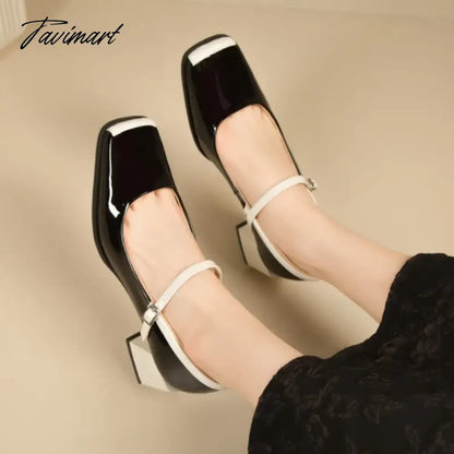 Designer Shoes for Women Pumps Black White Mixed Color Mary Janes Shoes Square Toe Mid Heels Chundky Patent Leather Shoes 1712N