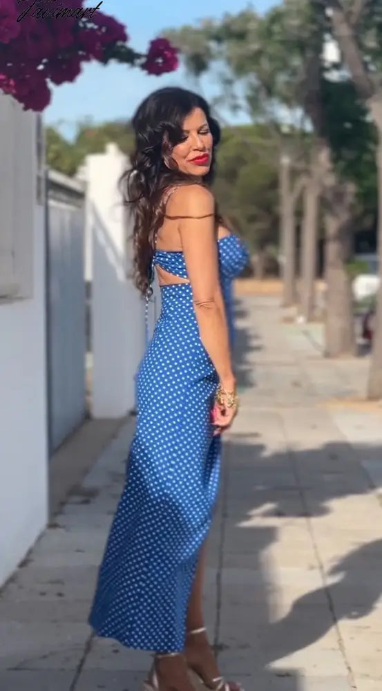 Dot Printing High Waist Split Blue Sling Dress Sexy Sleeveless Backless Long Dresses Women Summer Holiday Beach Vestidos