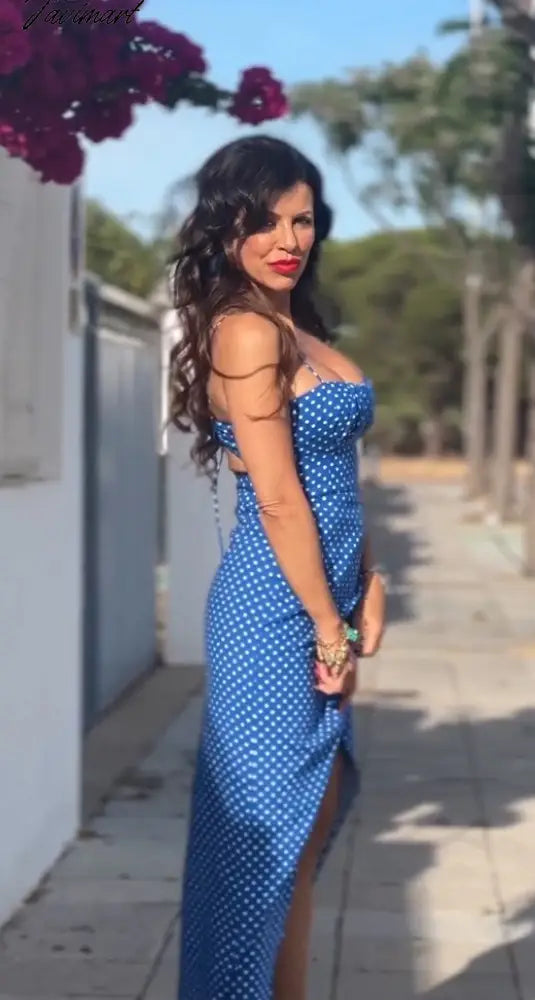 Dot Printing High Waist Split Blue Sling Dress Sexy Sleeveless Backless Long Dresses Women Summer Holiday Beach Vestidos