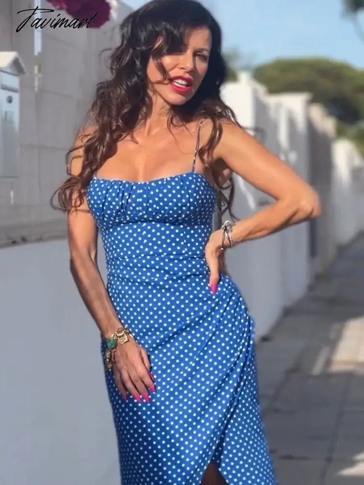 Dot Printing High Waist Split Blue Sling Dress Sexy Sleeveless Backless Long Dresses Women Summer Holiday Beach Vestidos