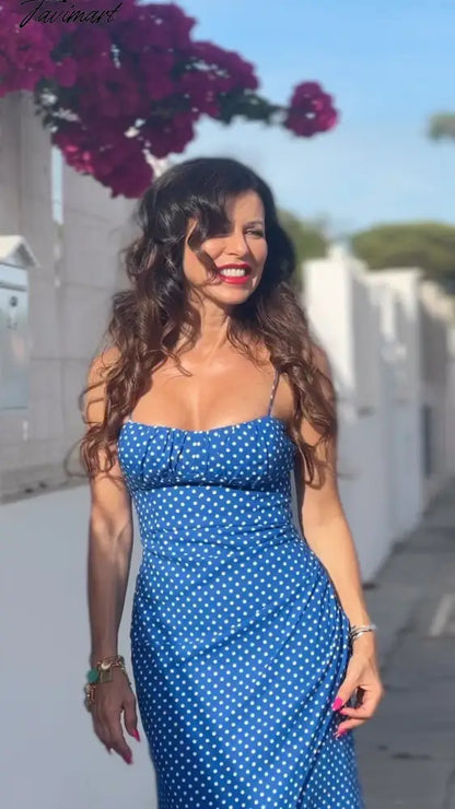 Dot Printing High Waist Split Blue Sling Dress Sexy Sleeveless Backless Long Dresses Women Summer Holiday Beach Vestidos