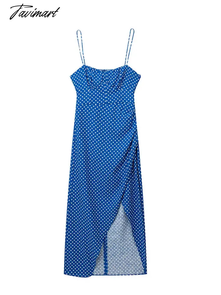 Dot Printing High Waist Split Blue Sling Dress Sexy Sleeveless Backless Long Dresses Women Summer Holiday Beach Vestidos